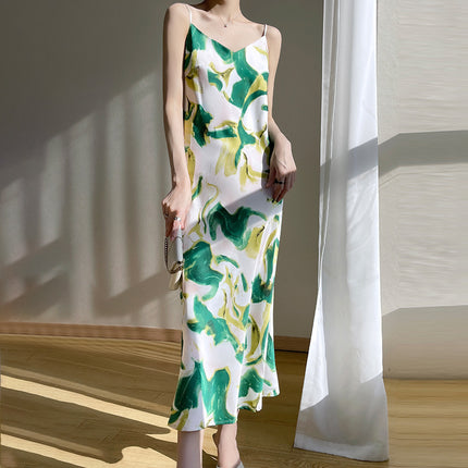 Women's V-neck Mid-length Satin Sling Dress