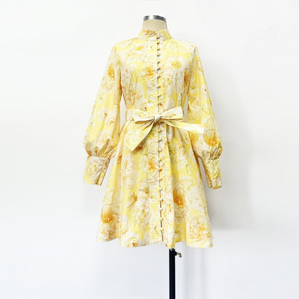 Belt Lantern Sleeve Holiday Swing Dress