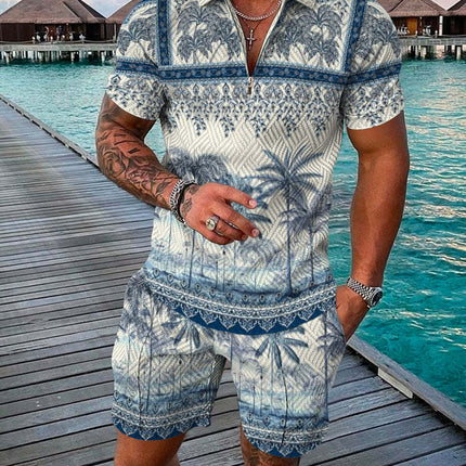 Men's Summer Fashion 3D Printed Short Sleeve Geometric Zip Lapel Shirt Set