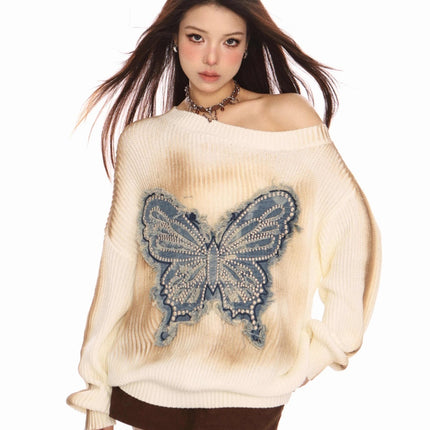 Women's Embroidered Butterfly Shoulder Sweater