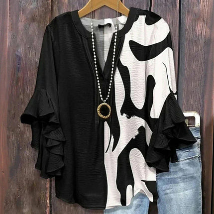 Women's Creative Printing Casual V-neck Lotus Sleeve T-shirt