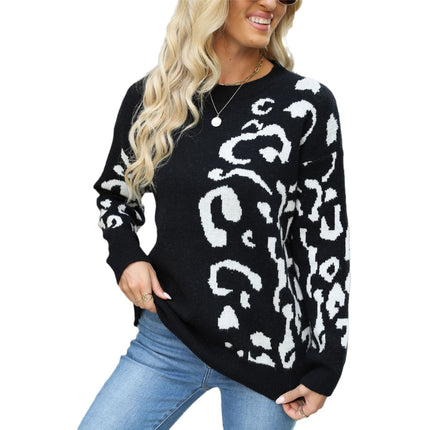 Round Neck Pullover Leopard Print Long Sleeve Mid-length Sweater