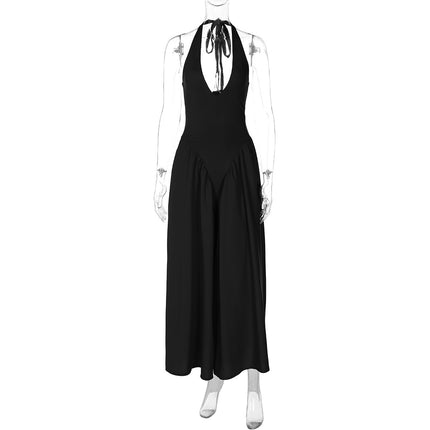 Hot New Sexy Solid Color Deep V Neck Hollow Out Halter Elegant Flared Hem Dress For Women