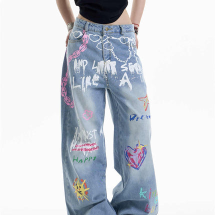 Waist Chain Printed Jeans Women's Straight Wide-leg Pants