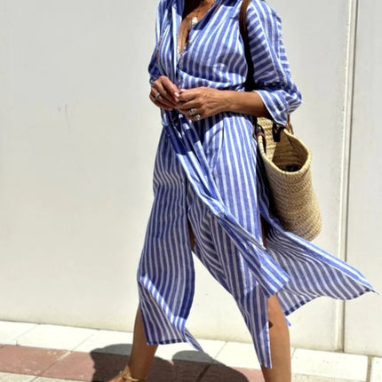 Striped Shirt Dress With Belt Fashion Half-sleeved Lapel Button Cardigan Dresses Women's Clothing