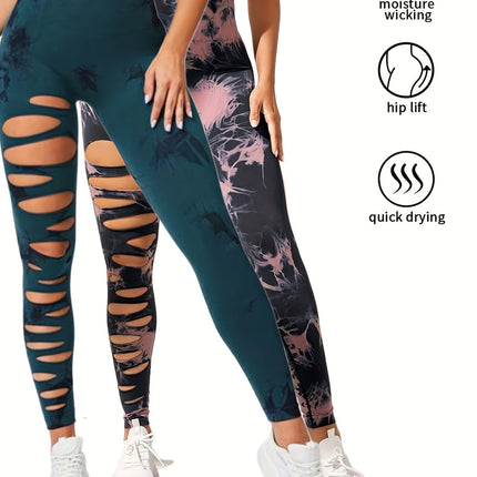 2 Pack Hollow Sexy High Elastic Women's Tie Dye Cutout Tights High Waist Workout Yoga Leggings, Scrunch Butt Lifting Elastic Pants, Tummy Control Butt Lifting Workout Yoga Athletic Pants