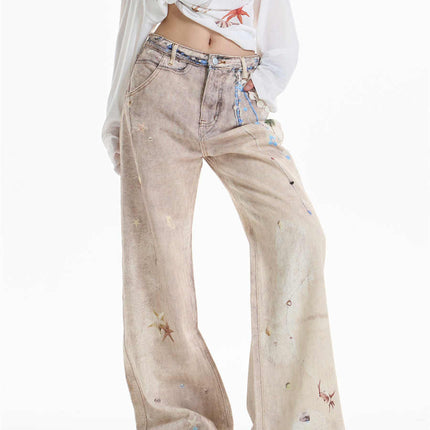 Retro Chain Print Worn Jeans Women's Straight Wide-leg Pants