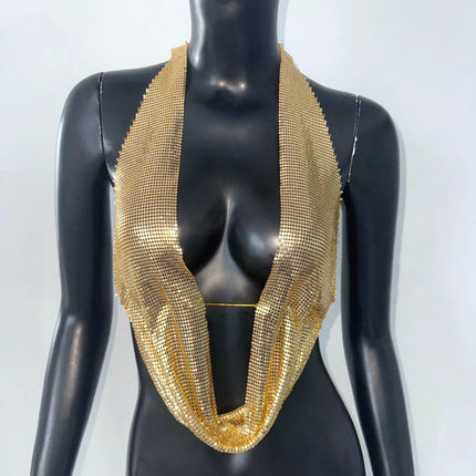 Sequined Top Metal Vest Halterneck With Suspenders