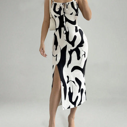 Summer Printed Suspender Split Dress Fashion Slim Lace-up Long Dresses For Women Clothing