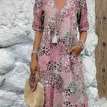 Summer V-neck Half-sleeved Dress With Pockets Fashion Ethnic Print Dresses Beach Holiday Clothing For Women