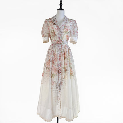 Lace Ruffled Short Sleeves Printed Style Dress