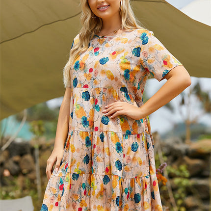 Casual Round Neck Short-sleeved Printed Multi-layer Splicing Large Hem Dress