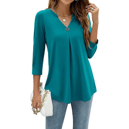 Casual And Comfortable Solid Color And V-neck Clinch Loose Three-quarter-length-sleeved T-shirt Top For Women