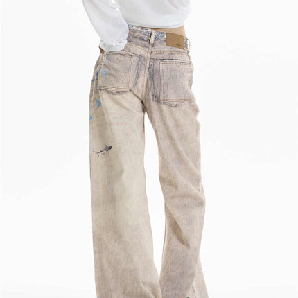 Retro Chain Print Worn Jeans Women's Straight Wide-leg Pants