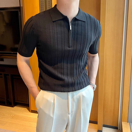 Casual Zipper Short Sleeve Men's Retro Elegant Jacquard Lapel