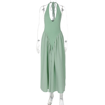 Hot New Sexy Solid Color Deep V Neck Hollow Out Halter Elegant Flared Hem Dress For Women