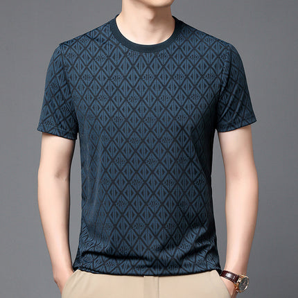 Men's Round Neck Jacquard Short Sleeve Cool Antibacterial Fashion Brand Casual Fashion Half Sleeve