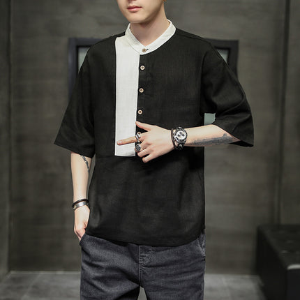 Cotton And Linen Casual Stitching Loose Half Sleeves