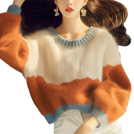Autumn And Winter New Soft Glutinous Orange Round Neck Stitching Sweater