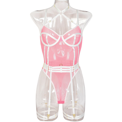 High Elastic Mesh Tight Contrast Color Jumpsuit