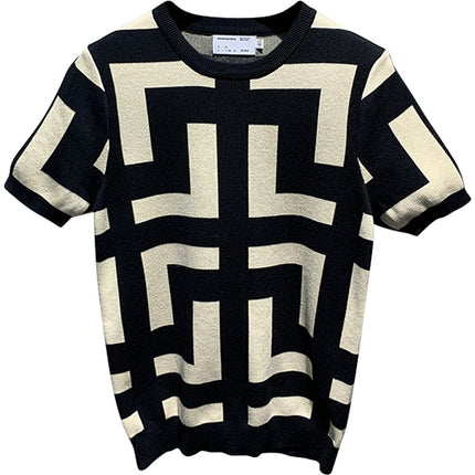 Men's New Fashion Versatile Geometric Jacquard Sweater Half Sleeve Round Neck