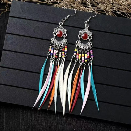 Bohemian Long Feather Earrings Handmade