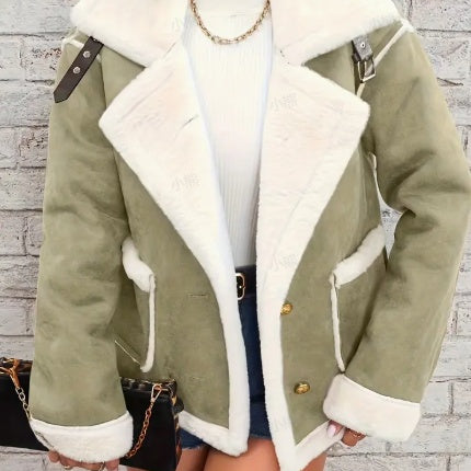 Lapel Plush Jacket, Winter Warm Casual Outwear, Women's Clothing
