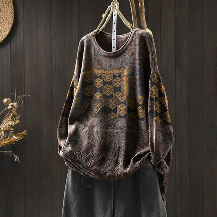 Women's Vintage Printed Cotton Knitted Sweater Round Neck