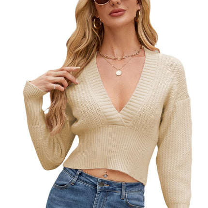 V-neck Batwing Sleeve Loose Solid Color Knitted Sweater