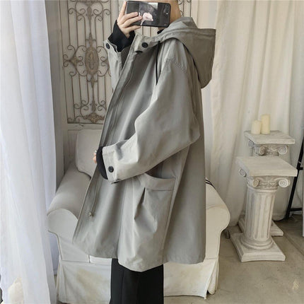 Hong Kong Style Casual Windbreaker Men's Mid-length Hooded Jacket