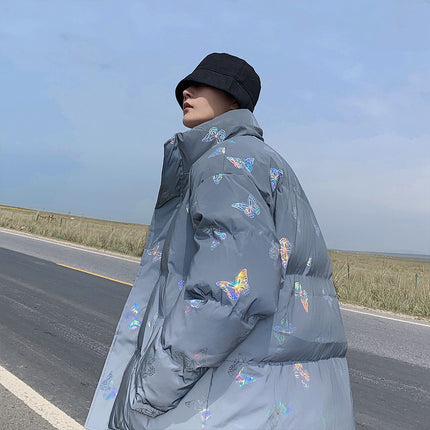 Men's Stand Collar Reflective Print Cotton Jacket