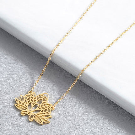 Stainless Steel Necklace Women Hollow Yoga Gold Lotus Clavicle Chain Jewelry