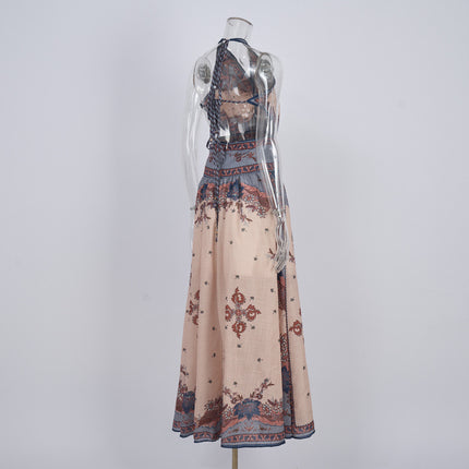 Niche Design Printed Old Money Style Halter Spaghetti Straps Dress