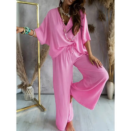 Women's 2 Piece Outfit, Casual Solid Color V-Neck Half Sleeve Top And Wide Leg Pants Lounge Set