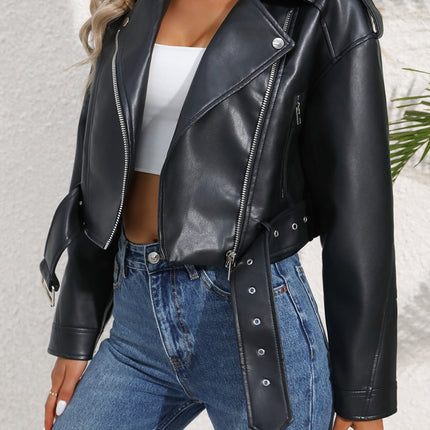 Women's Large Lapel Faux Leather Short Jacket Lady Fashion Motorcycle PU Leather Coat Casual Overcoat With Belt