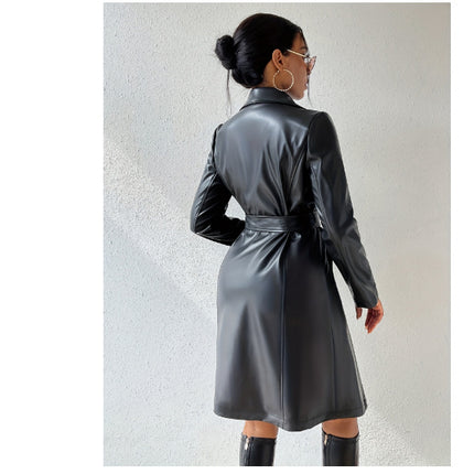 PU Long Sleeve Women's Slim Fit Long Trench Coat