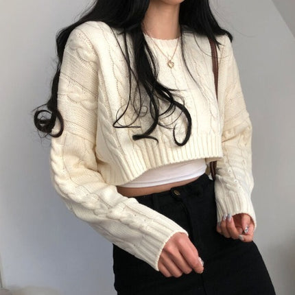 Small Cropped Long Sleeve Crew Neck Pullover Sweater