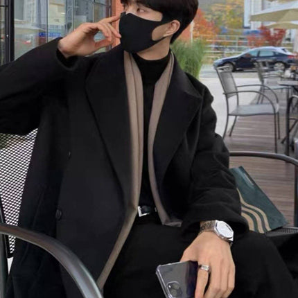 Winter Woolen Men's Mid-length Over-the-knee Suit Collar Double Breasted Woolen Trench Coat Thickened