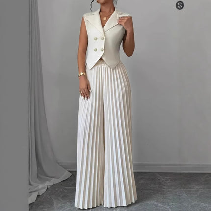 Summer Sleeveless Suit Fashion Lapel Button Vest Top And Pleated Straight Pants Women's Trousers Set Clothing