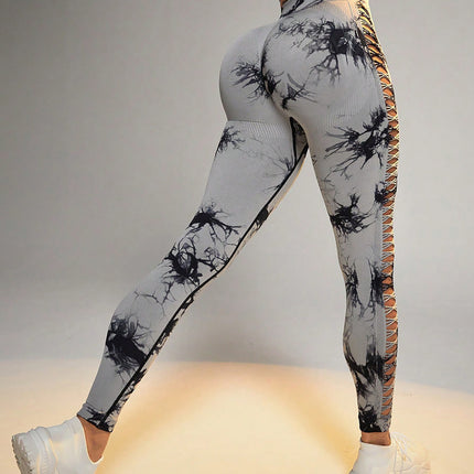 Cut Out Side Hollow Tie Dyed Yoga Pants, High Waist And Hip Lifting Fitness Pants With Side Hollow Seamless Sports Tights, Workout Gym Yoga Pants Scrunch Butt Lift Tights
