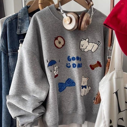 New Embroidered Flocking Loose All-match Round Neck Sweater