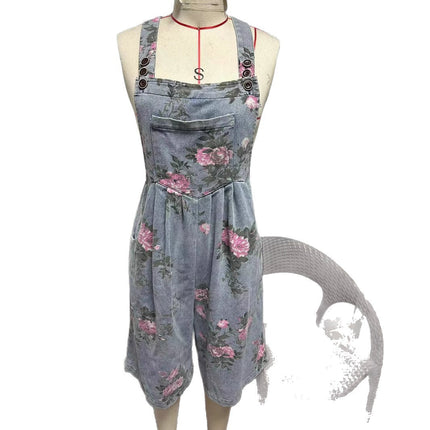 Retro One-piece Fashion Floral Denim Shorts