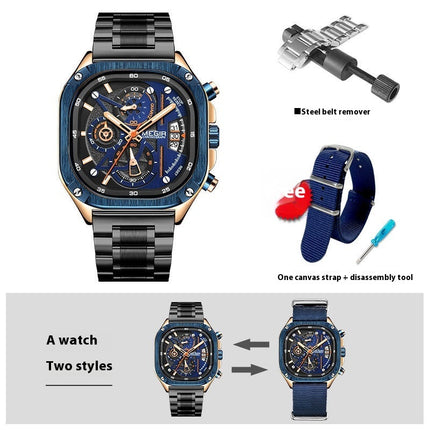 Fashion Square Watch Multi-functional Trendy All-match Good-looking Luminous Quartz