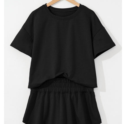 Black 2pcs Cropped Tee And Ruffle High Waist Skort Set