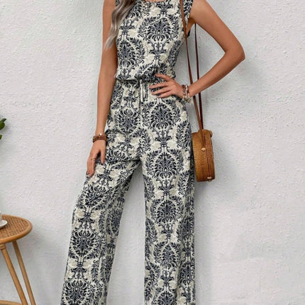 Printed Waist Cinching Casual Straight Leg Pants Set