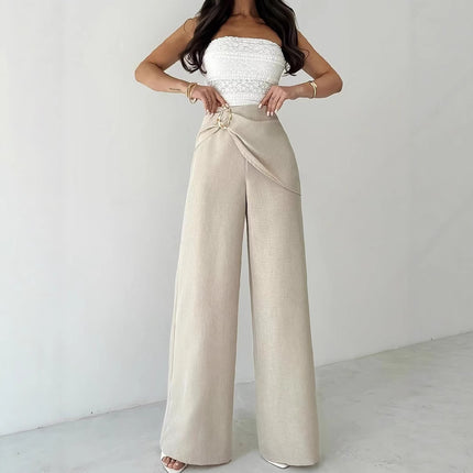 High Waist Beige Metal Buckle Wide Leg Pants