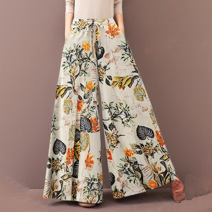 Plus Size Botanical Print Tie Women'S Casual Waisted Loose Wide Leg Pants