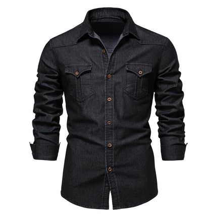 Men's Long-sleeved Denim Shirt Casual Solid Button Slim Tops Clothing
