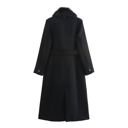 Women's Fashion Lace-up Fur Collar Woolen Coat