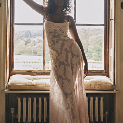 Sexy Flowers Lace Suspender Dress Summer Fashion Slim Back Lace-up Long Dresses Party Evening Club Clothing For Women